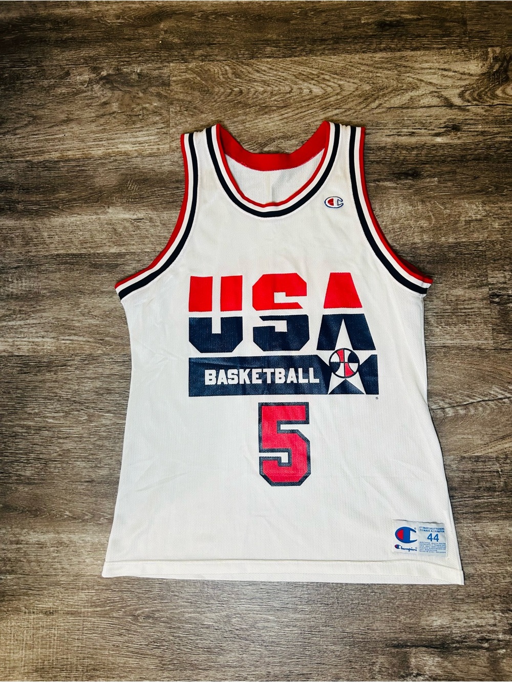 Champion White USA Basketball Jersey with Red & Navy Accents - #5